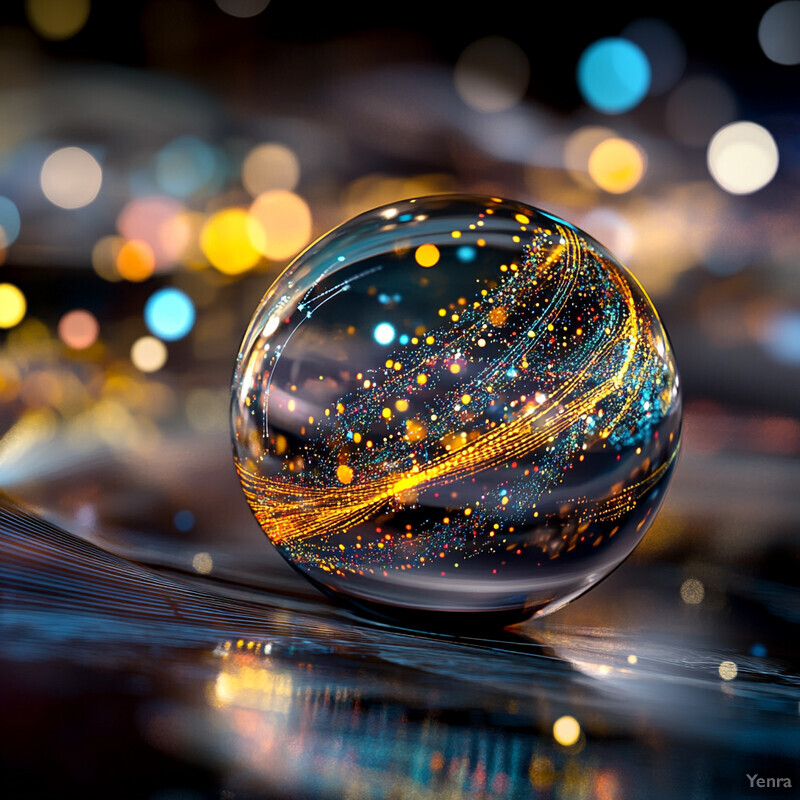 A glass sphere with intricate patterns sits on a reflective surface in front of a blurred cityscape.