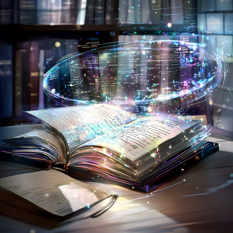 An open book with magical properties lies on a table amidst a library setting.