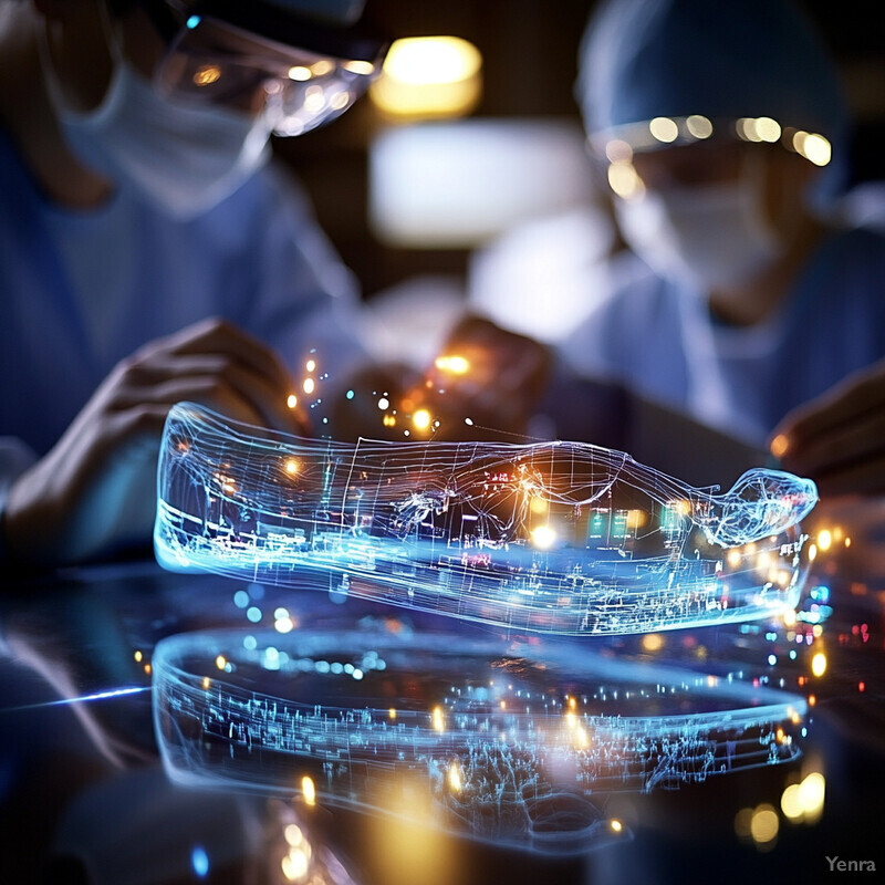 Two surgeons examine a holographic display of a human arm in an operating room.