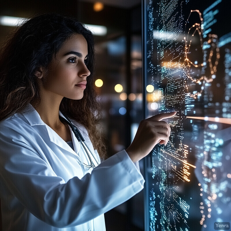 A woman in a white lab coat is analyzing data on a large screen.