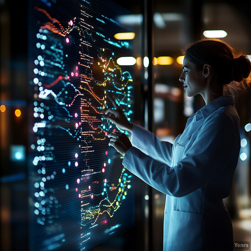 A woman in a white lab coat is analyzing data on a large screen.