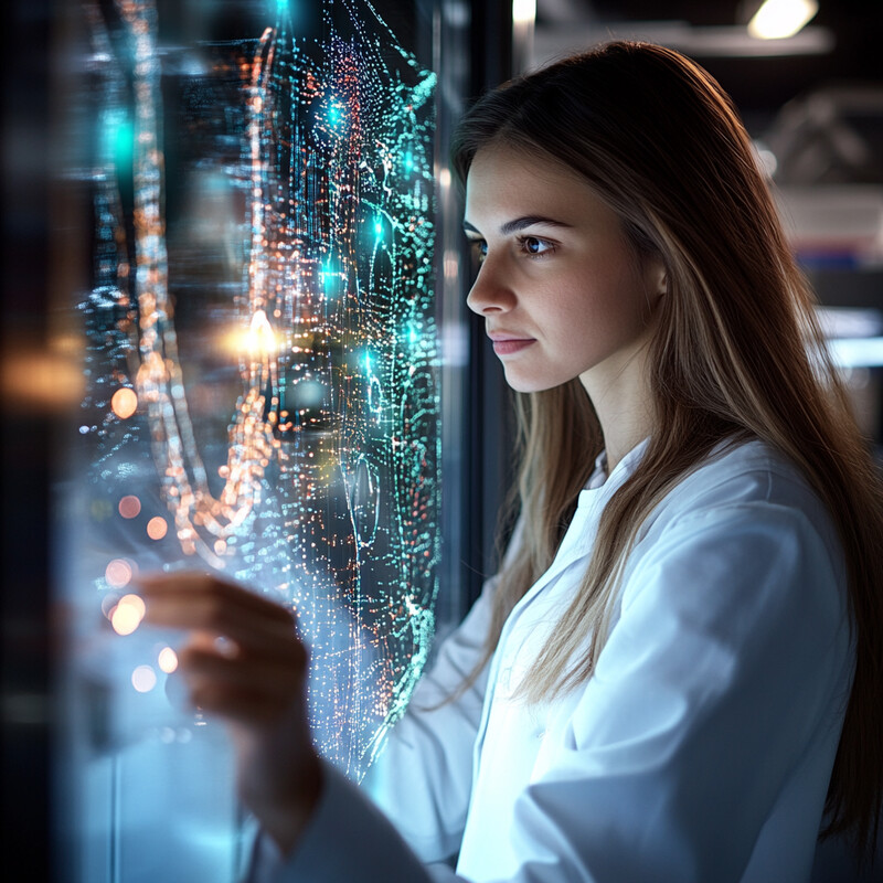 A young woman in a white lab coat stands in front of a screen displaying graphs and charts.