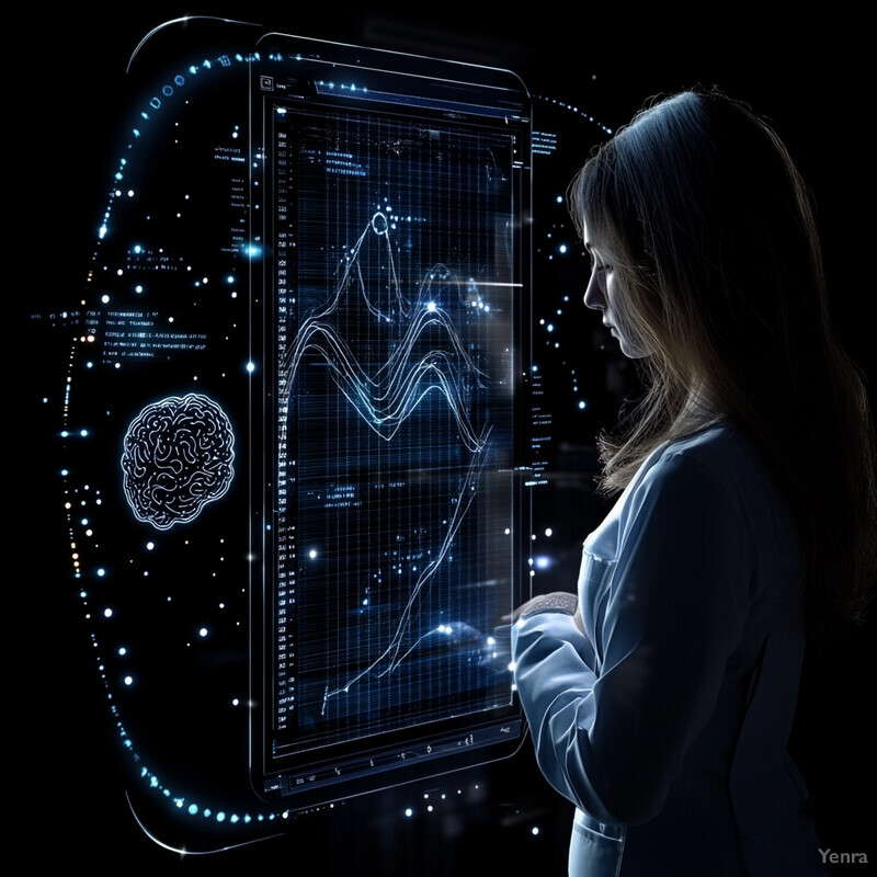 A woman in a lab coat stands in front of a large screen displaying a line graph with multiple lines.