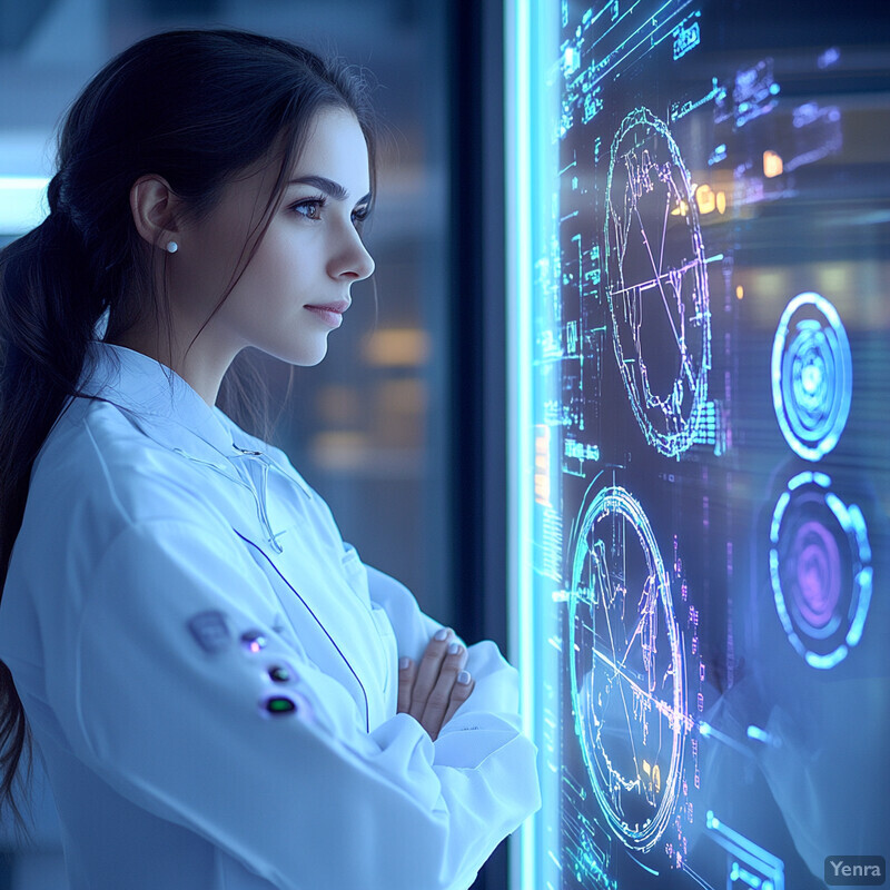 A woman in a white lab coat stands in front of a large screen displaying graphs and charts.