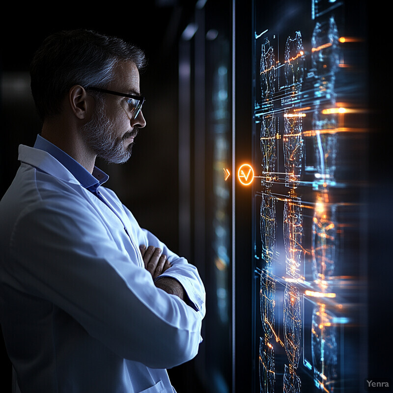 A man in a lab coat stands in front of a screen displaying various graphs and charts.