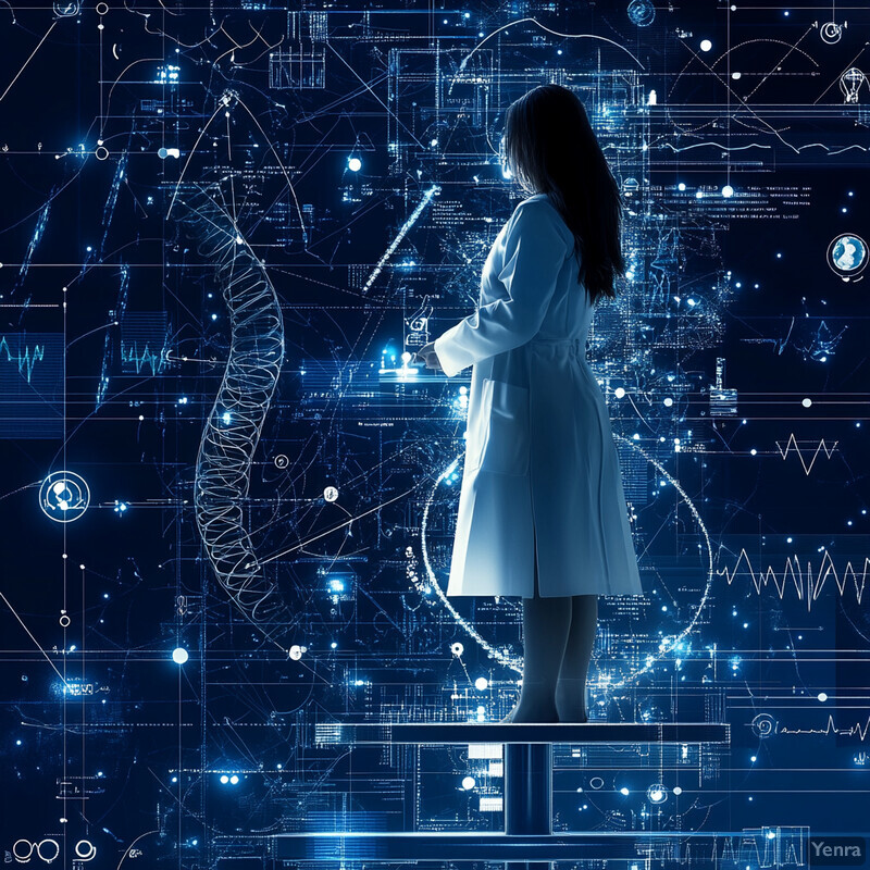 A woman in a white lab coat stands in front of a screen displaying data related to urban planning.