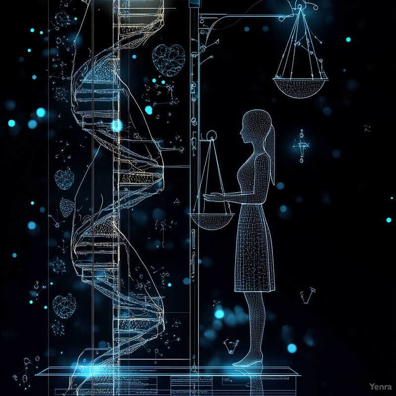 A 3D rendering of DNA strands and a woman holding scales, set against a black background with blue dots.