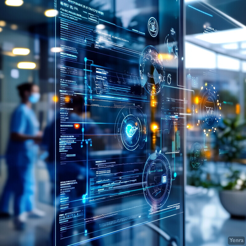 An electronic screen displays a complex data visualization system related to patient care and treatment efficiency in a medical setting.