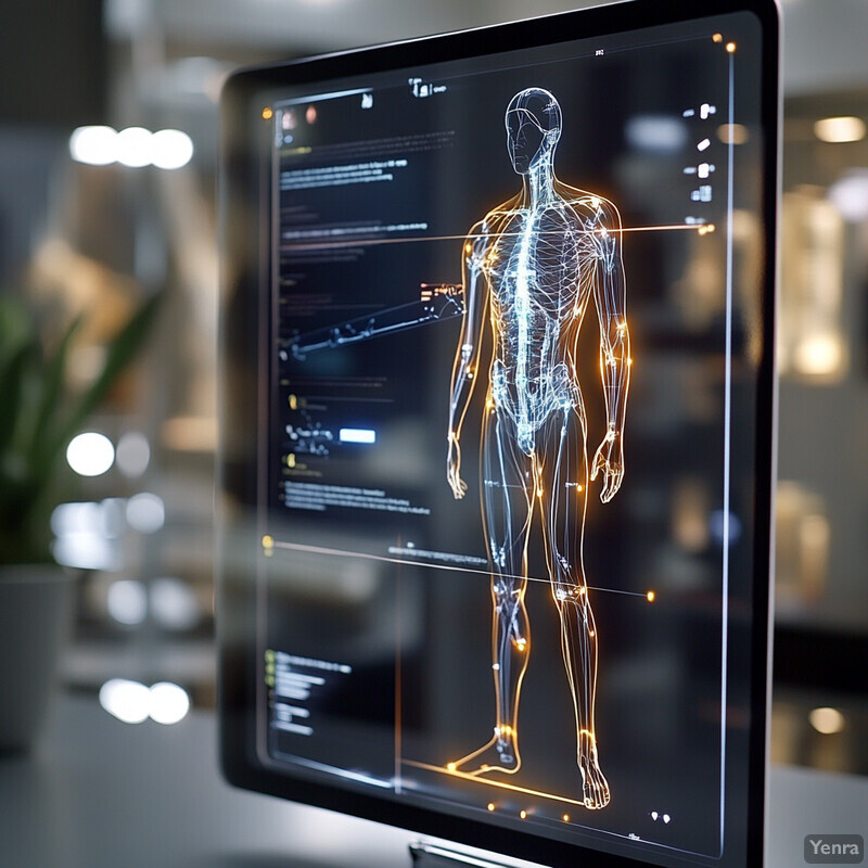 A computer monitor displays a virtual patient simulation on its screen, set against a blurred office or laboratory background.