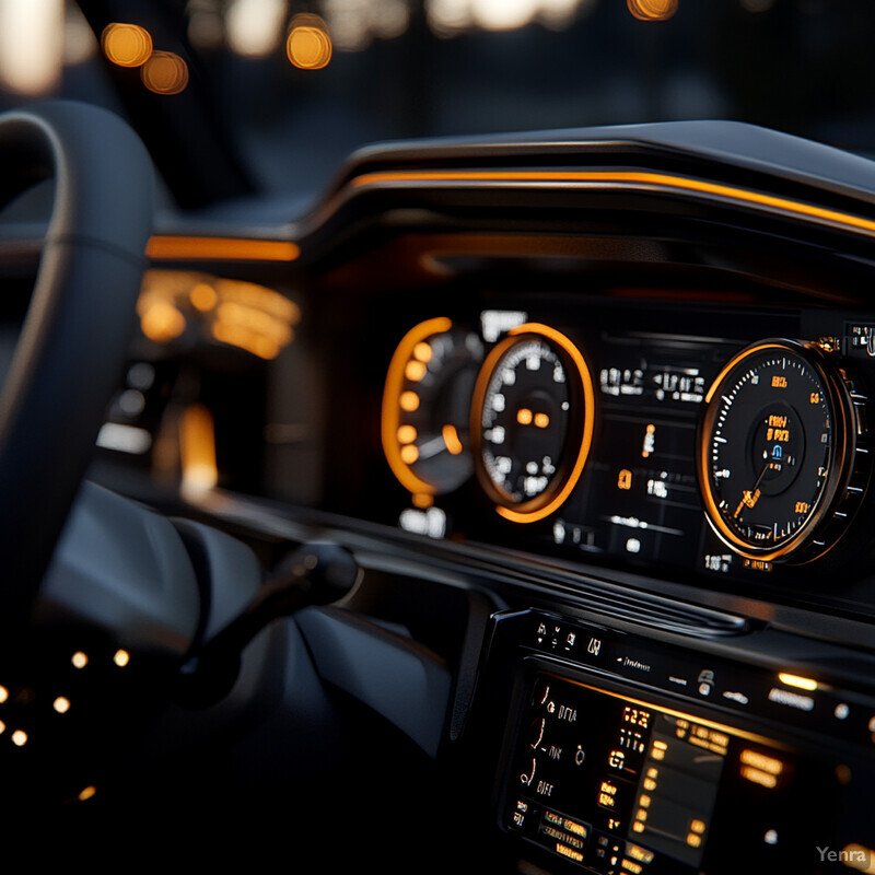 A modern car dashboard with three circular gauges and a black steering wheel.