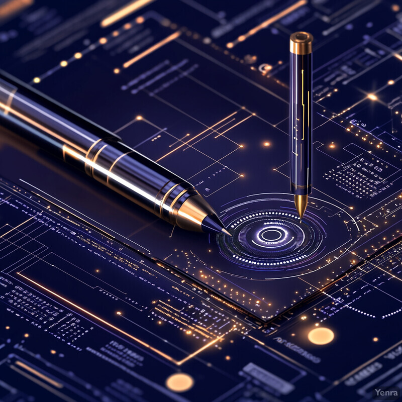 Two pens on a dark blue circuit board with various lines and symbols etched into it.