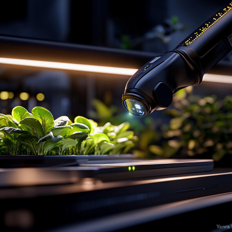 An automated quality assessment system is shown in operation, with a robotic arm scanning plants on a tray.