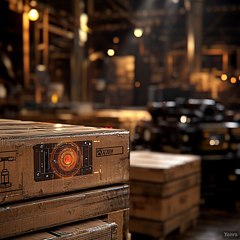 A dimly lit warehouse with stacks of cardboard boxes and crates, conveying a sense of decay and disuse.