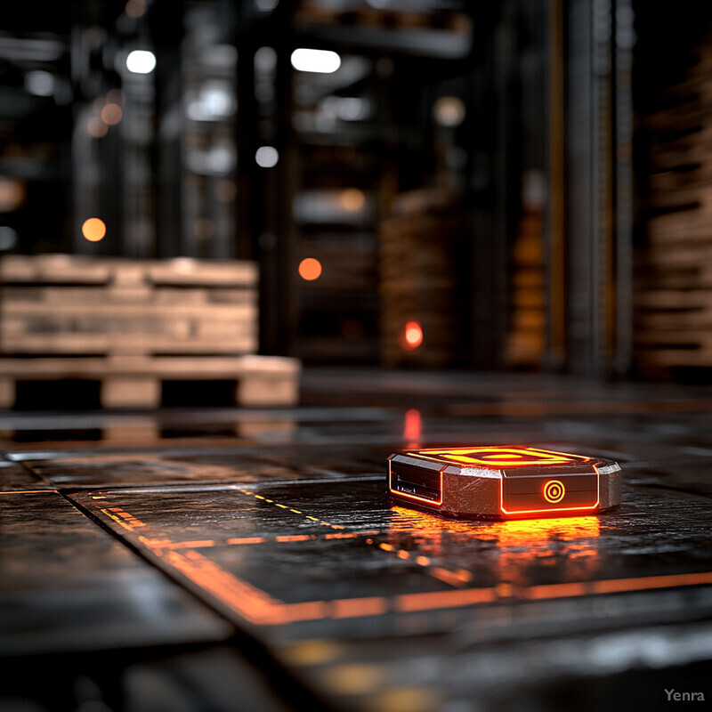 A futuristic-looking object with an orange and black color scheme is situated on a dark surface in a warehouse or storage facility.