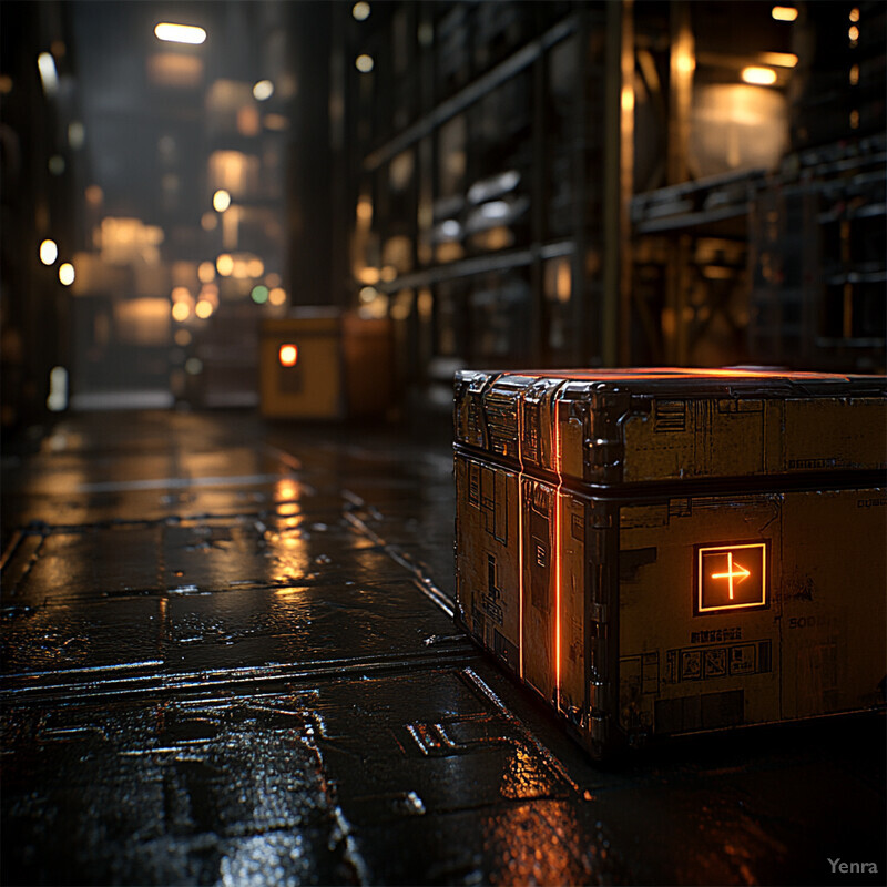 A dimly lit warehouse or storage room with rows of shelves stacked high with boxes and crates.