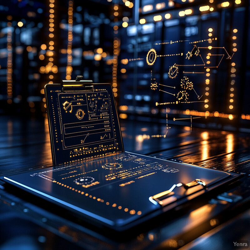 A futuristic high-tech scene with a laptop or tablet at its center, featuring an open screen displaying a circuit board design.