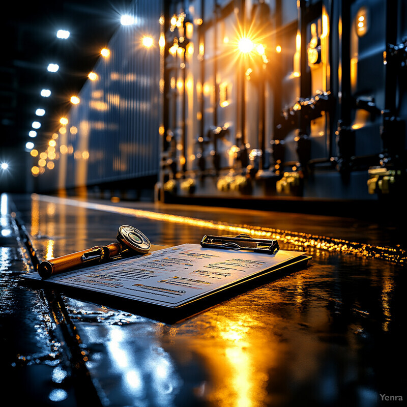 A clipboard with papers and writing utensils in an industrial setting.