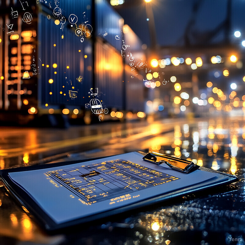 An outdoor setting at night with a clipboard featuring a blueprint or architectural drawing.