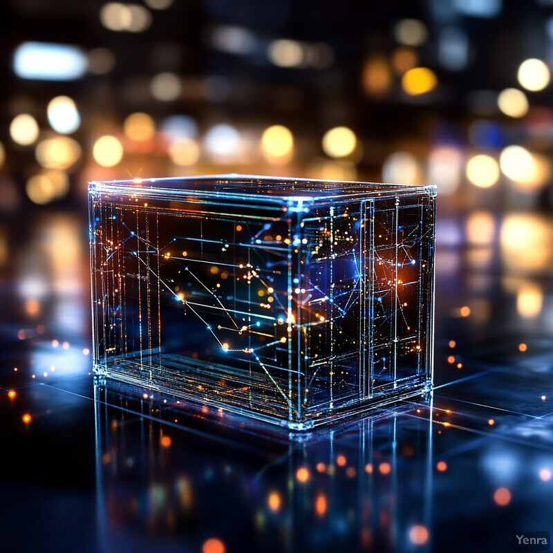 A futuristic cube with circuitry patterns on a reflective surface in a cityscape at night.