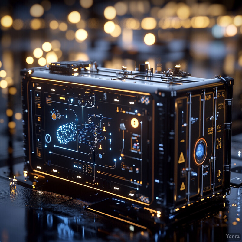 A futuristic-looking black box with various lights and symbols on its surface.