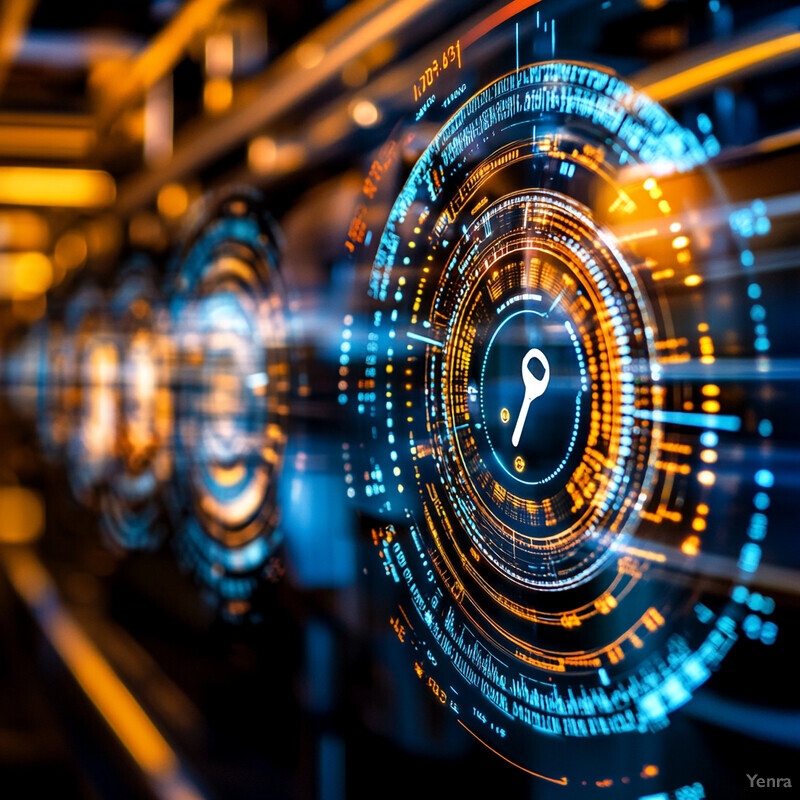 A futuristic representation of predictive maintenance for equipment, featuring a large circular screen displaying data points and graphs in shades of blue and orange.