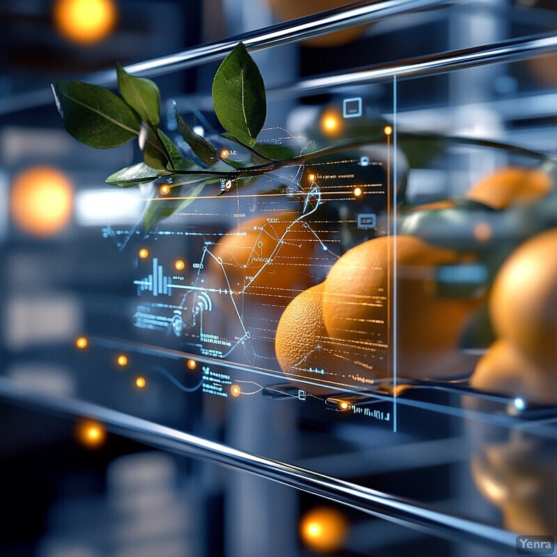 A futuristic setting with predictive spoilage analytics technology and lemons on glass shelves.