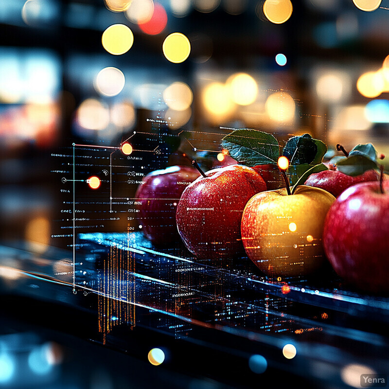 Close-up of glass shelf stocked with apples in a retail setting