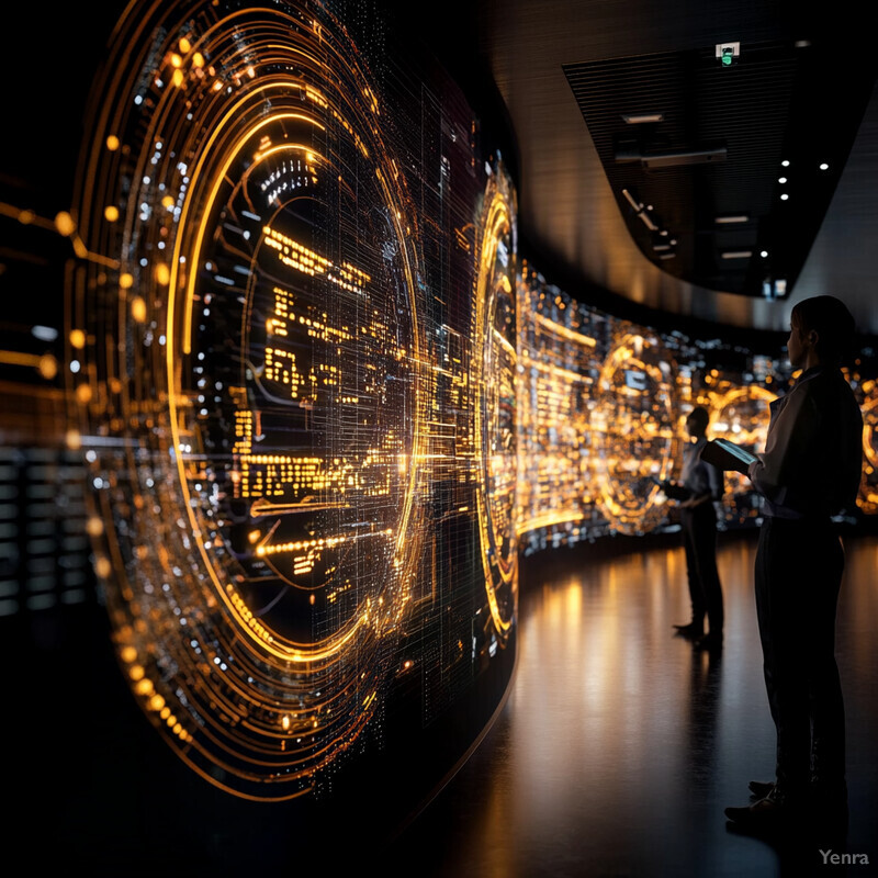 A large, circular display with an intricate design is surrounded by people viewing data on their devices.