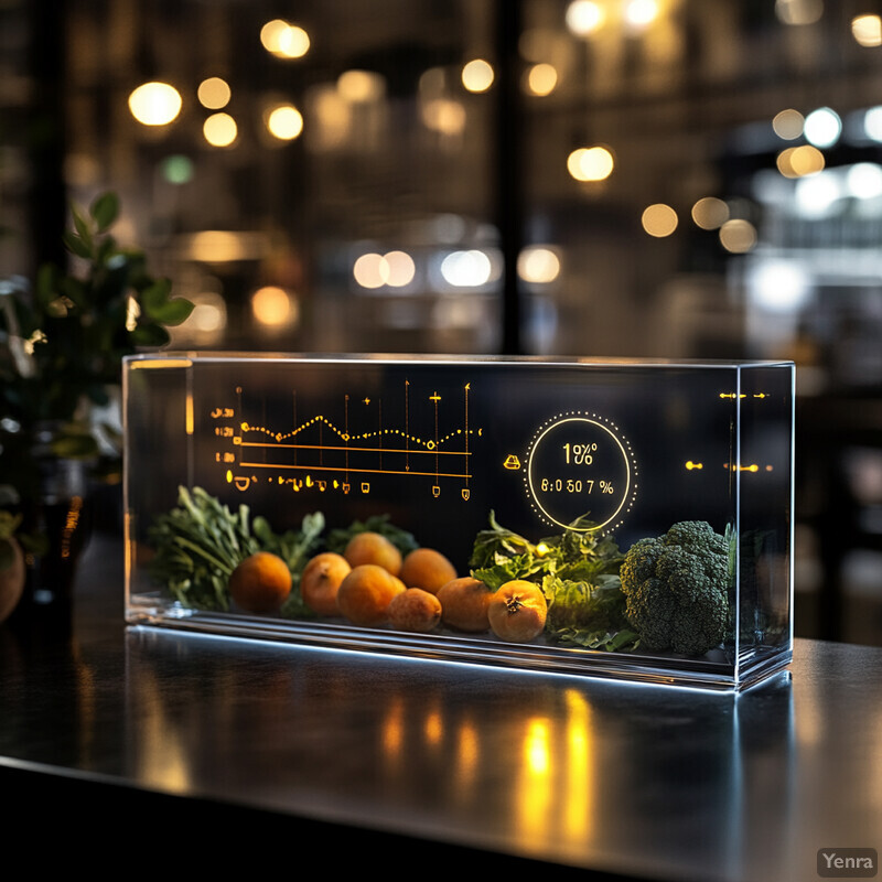 A futuristic-looking glass box containing fruits and vegetables with an LED light strip on its bottom edge, sitting on a dark wooden table in front of a blurry background of lights.