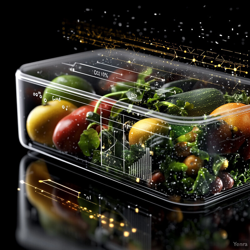 A transparent container filled with fresh produce is overlaid with a white line graph, suggesting a connection to shelf-life forecasting.