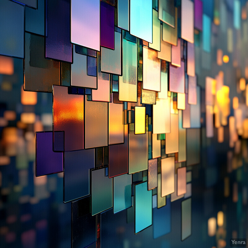 A vibrant and dynamic visual representation of data, featuring numerous small rectangles with diverse colors and unique light sources.