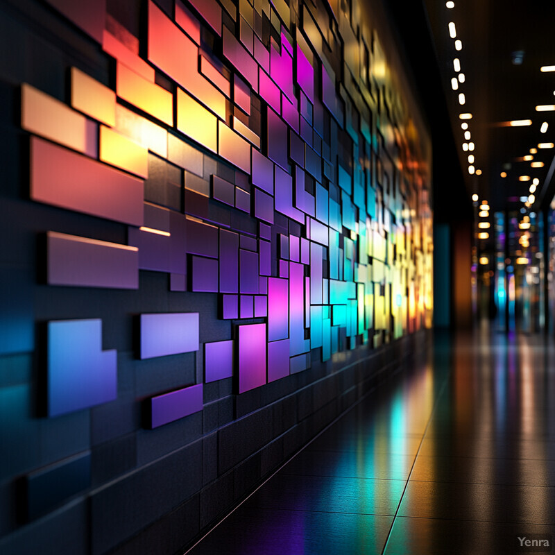 A colorful and dynamic hallway with a unique mosaic wall design.