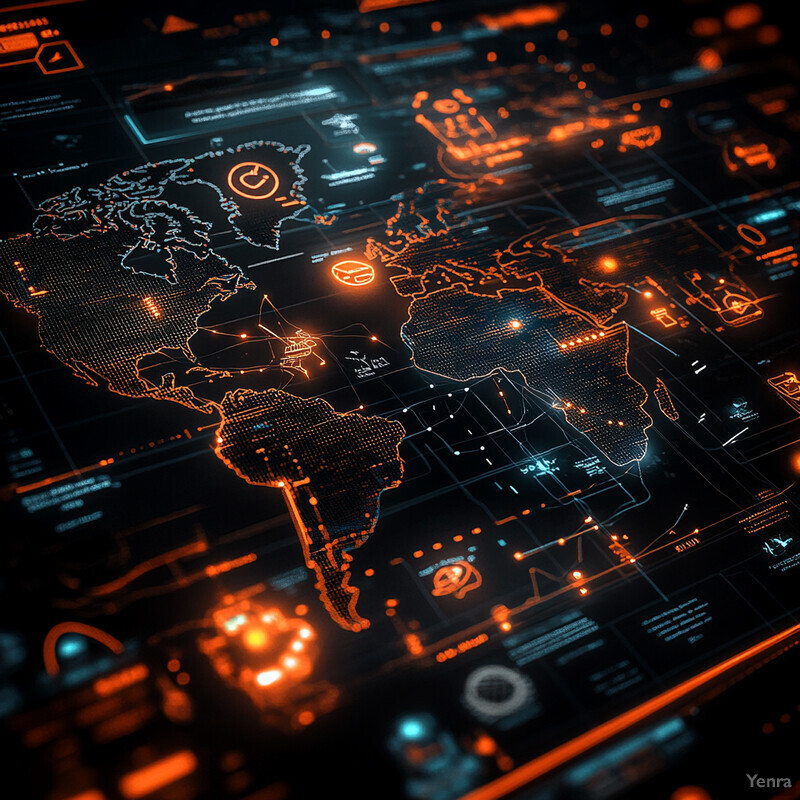 A complex visual representation of Supply Chain Risk Management, highlighting global risk levels through a world map and interconnected symbols.