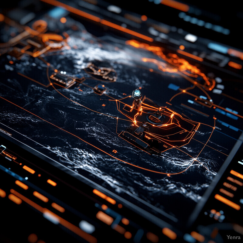 A futuristic-looking digital interface with a glowing orange rectangle at its center and various smaller shapes surrounding it.