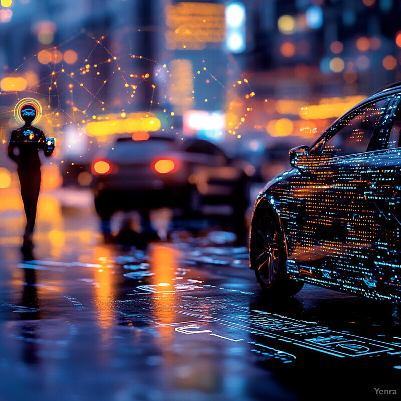 A humanoid robot and a car with a unique digital design are depicted on a city street at night.