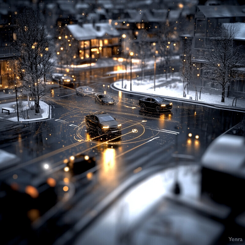 A city street at night with cars driving on the road and buildings lining the sidewalks.