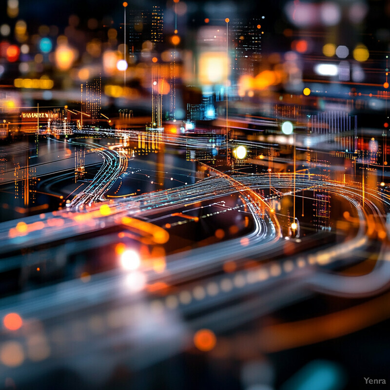 A cityscape at night with a focus on the highway system and surrounding buildings.