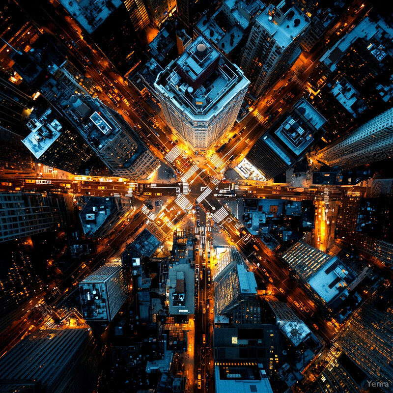 Aerial view of a city at night, with buildings and roads stretching out in all directions.