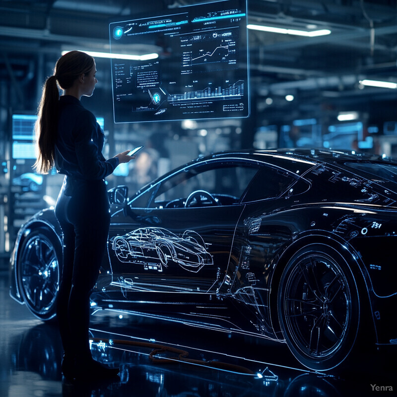 A woman is analyzing data on a tablet in front of a black car with integrated features.