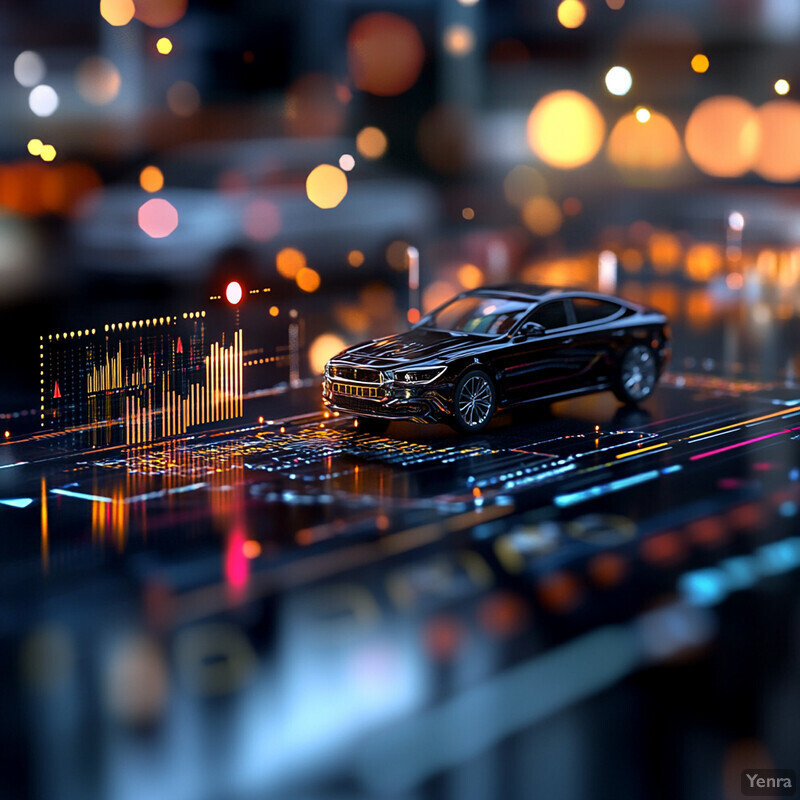 A futuristic-looking car drives along a road made up of glowing neon lines, surrounded by graphs and charts displaying data analysis and financial information.