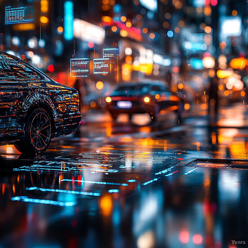 A city street at night, with cars and buildings illuminated by streetlights.