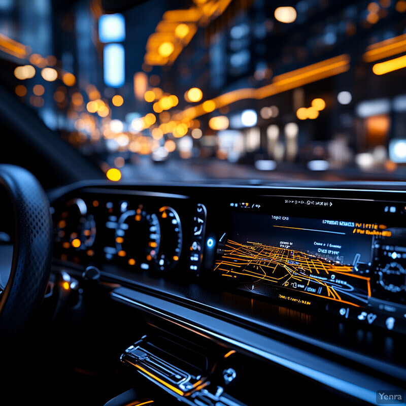 A car's dashboard with a large screen displaying a map and various gauges.