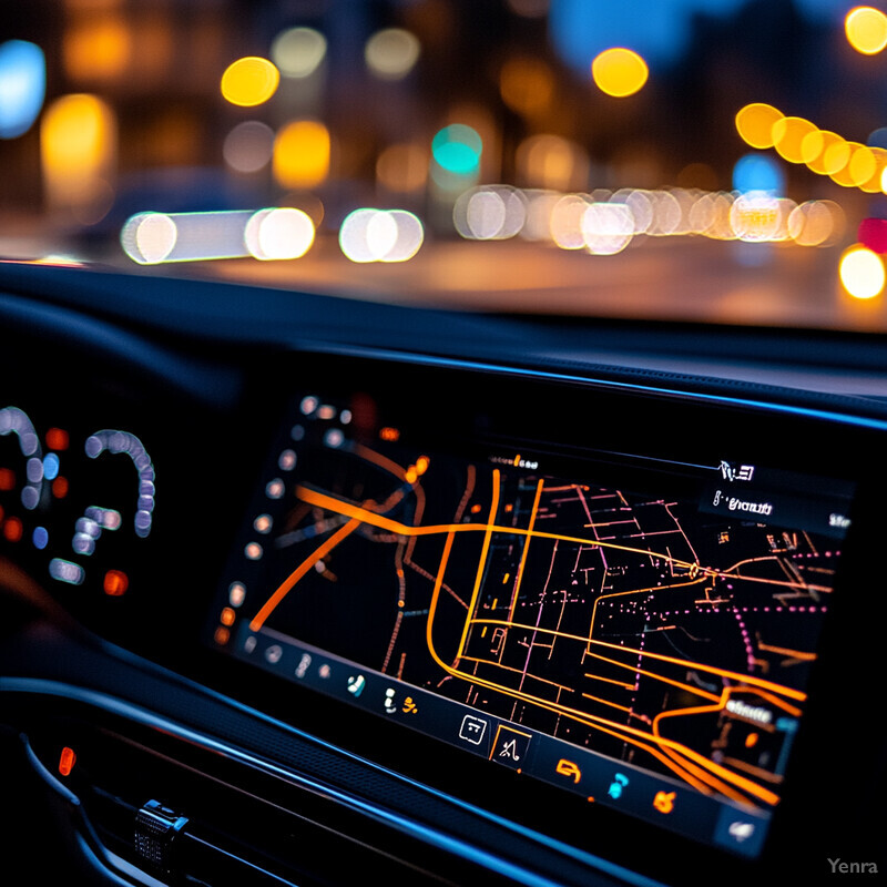 A car's infotainment system displays a map of an urban area at night.