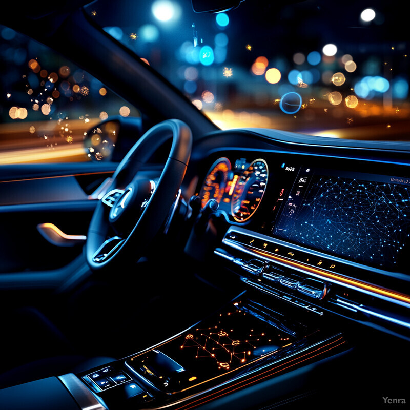 The image showcases the illuminated dashboard and controls inside a car at night.