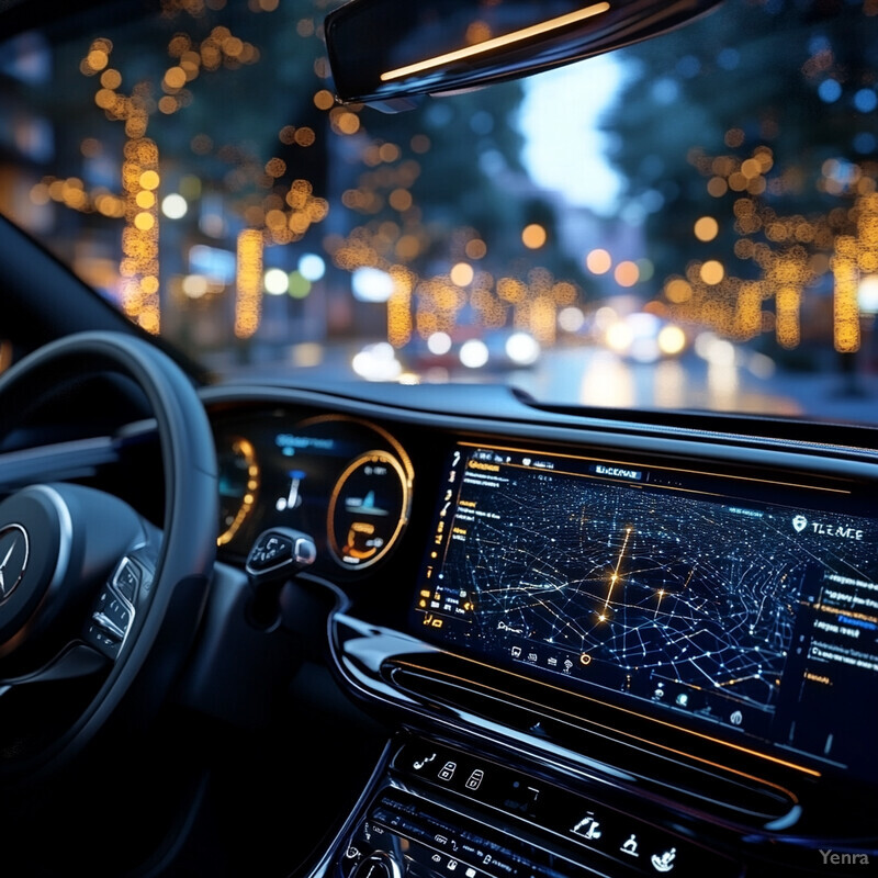 A car's dashboard at night, with a central touchscreen display showing a constellation map.