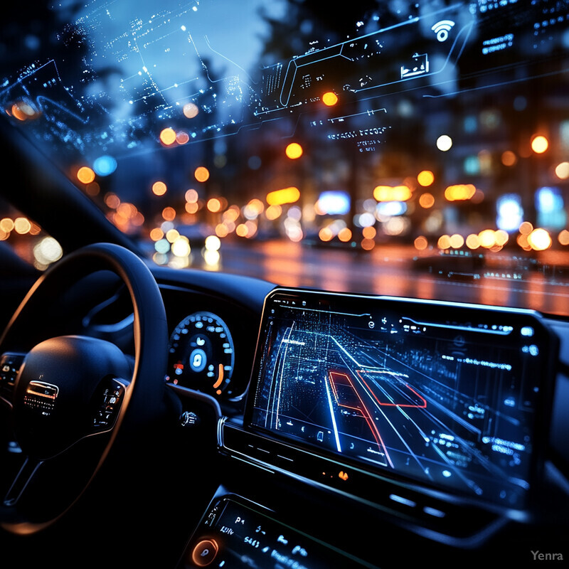 A car's interior at night with a large touchscreen display showing a navigation system.