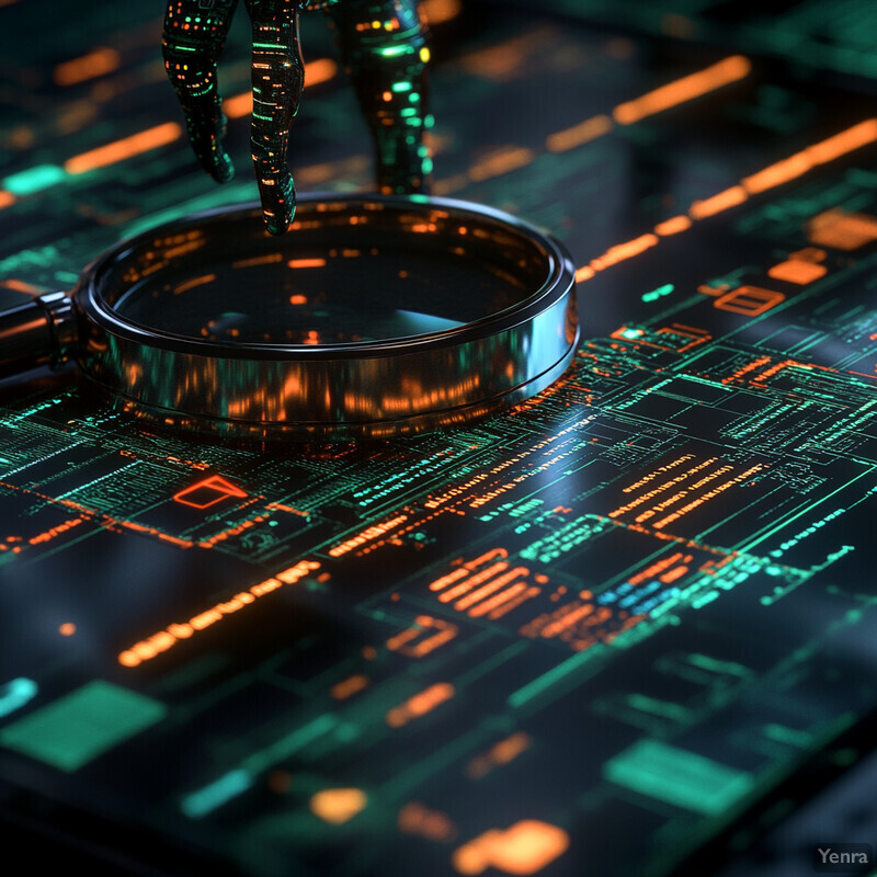 Futuristic scene with magnifying glass and astronaut figure on circuit boards.