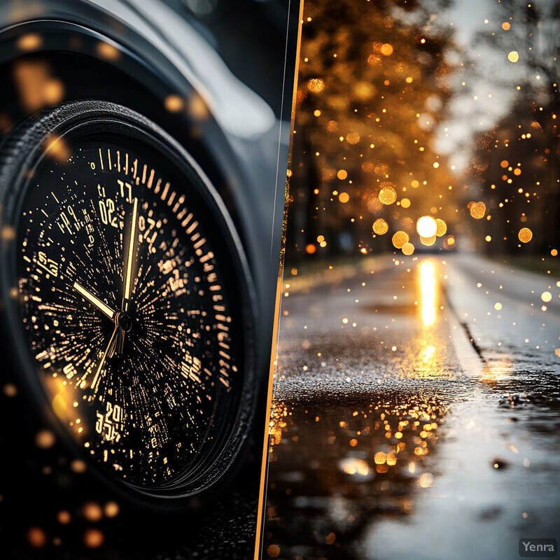 A watch face is juxtaposed against a natural setting featuring a wet road at dusk or dawn.