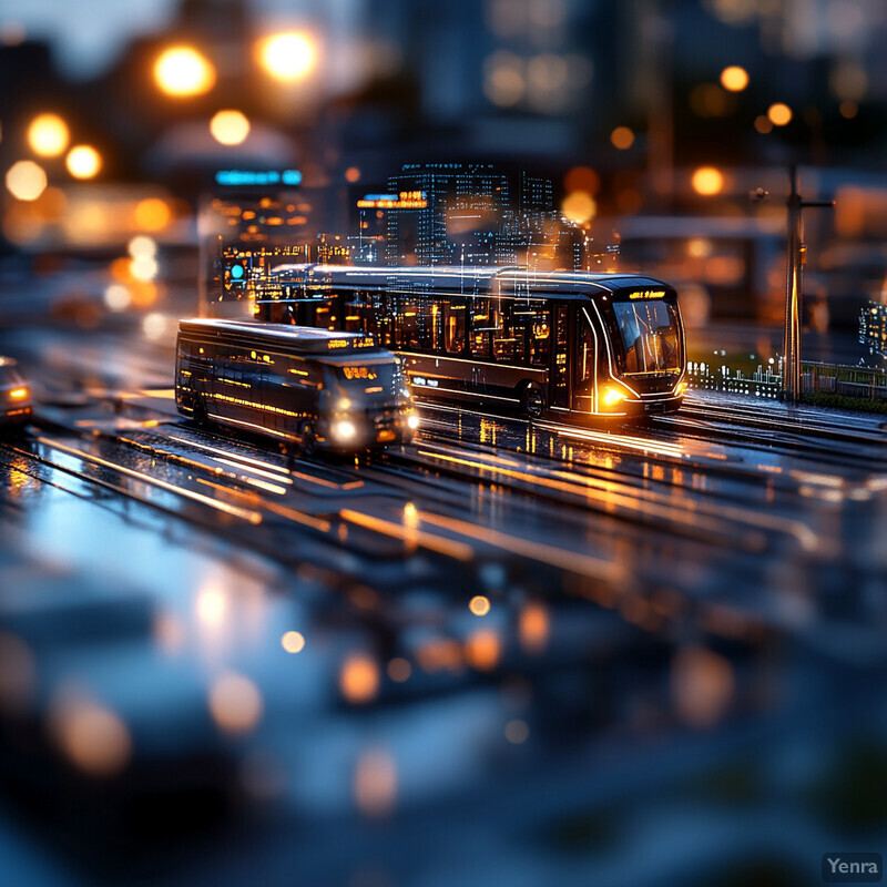 A cityscape at night, featuring two buses on tracks in the foreground and a blurred background of buildings and streetlights.