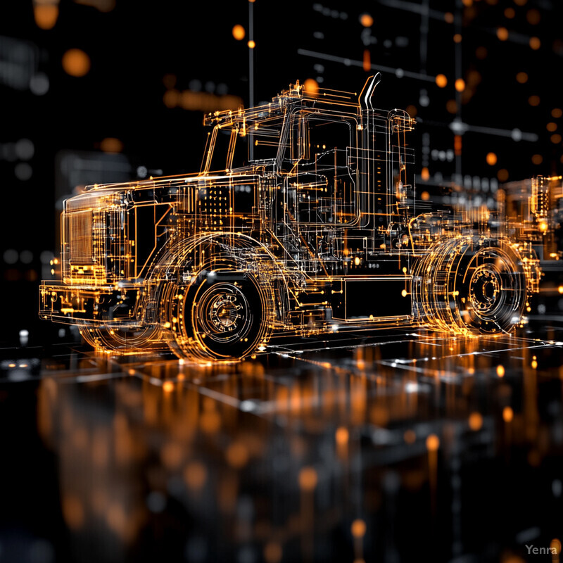 A digital rendering of a semi-truck with an orange outline, showcasing its various components and features.